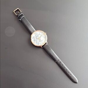 Black Leather Strap Watch with Marble Face